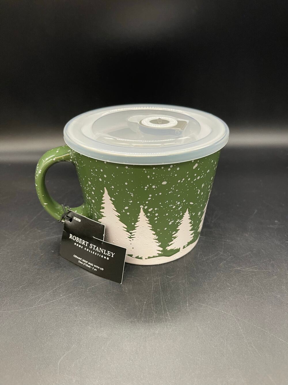 Robert Stanley Green & White Tree Ceramic Soup Mug with Vented Steam Lid 24 oz